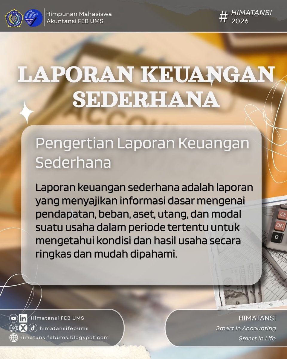 himatansiFEBUMS's tweet photo. [𝗝𝗔𝗞𝗨𝗡]

Jelajah Akuntansi #Chapter50

Halo kawan, HIMATANSI FEB UMS!

Yuk, buka wawasan dan kenal lebih jauh tentang dunia Akuntansi melalui jelajah Akuntansi.

Melalui chapter ini kita akan membahas tentang tujuan, manfaat, dan komponen Laporan Keuangan Sederhana. https://t.co/lkRVF3qg5b