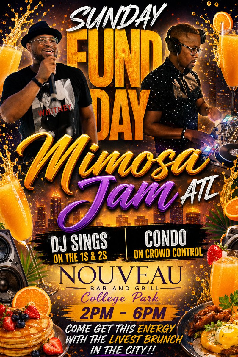 CONDOISHIM's tweet photo. Its Sunday Funday! Which means we @NouveaubarATL for what we call @MimosaJamATL! Hosted by yours truly sounds by @ayindesings1! Come get this Energy! Rsvp now at https://t.co/vUFOPCfMR4 See yall there! https://t.co/3dKEwaqL90