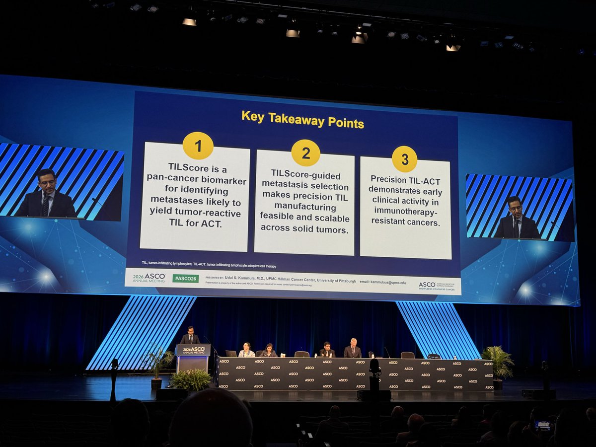UPMCHillmanCC's tweet photo. Live now in the Airie Theater at #ASCO26 Dr Udai Kammula presents new information on #TIL therapy. @UPMCnews @pitt_immunology @PittHealthSci https://t.co/bHUJormImu