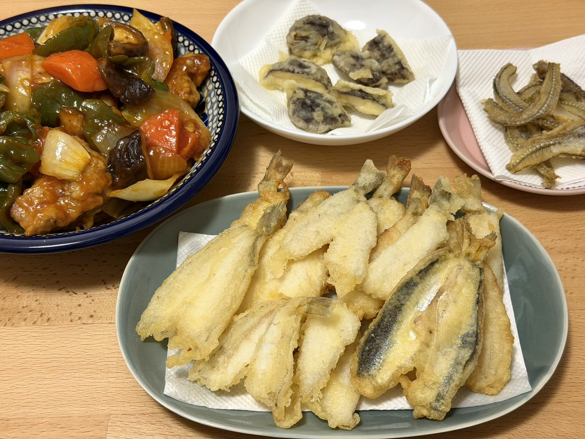 x875239x's tweet photo. 釣ったキスで天ぷら🐟🐟🐟

天秤+キス針+青イソメではではあまり釣れず、5本針+ナス型錘+生ミックでよく釣れるという謎現象😇

釣れたキスで泳がせ釣りをしていたらエイらしき重い魚がかかって大焦りした😂

#おうちごはん 
#釣り https://t.co/M7Iw9yEl1w
