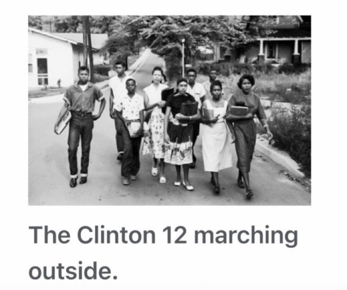 LqLana's tweet photo. The Clinton 12 were a group of twelve Black students who integrated Clinton High School in Clinton, Tennessee in 1956 following the 1954 Supreme Court ruling of Brown v. Board of Education.

The Black community of Clinton had fought since 1947 for the right to a high school education. The local Black community was represented by Thurgood Marshall and other Black attorneys. 

The Clinton 12, registered and attended school for one day without incident in late August of 1956.

On September 1, the White locals and the Klan launched a brutal riot.

The violence became so dangerous that many of the Clinton 12 withdrew from the school. The principal's family fled the town for their safety.

On December 4 1956 a white pastor escorted the remaining of the Clinton 12 to school and was badly beaten by a white mob. 

The school was subsequently bombed. 

Lesson: racists would rather burn it all down rather than have equality. #BlackHistoryWithLana #DemsUnited