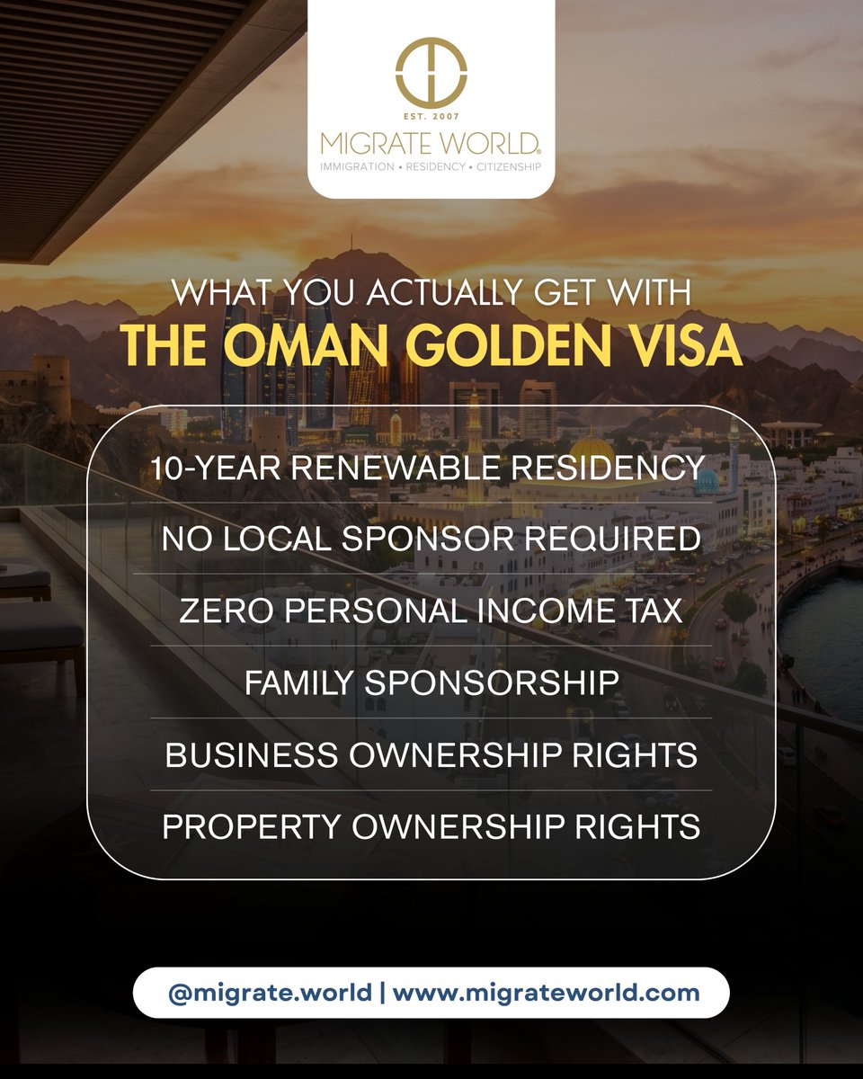 migrateworld's tweet photo. يعرف معظم الناس أن الإقامة الذهبية في عُمان تمنحك إقامة لمدة 10 سنوات.
لكن إليك ما يتضمنه البرنامج فعلياً: 6 مزايا رئيسية تتجاوز مجرد ختم تأشيرة.
احفظ هذا المنشور قبل أن تتابع التصفح.

#الإقامة_الذهبية_في_عمان #تأشيرة_عمان #التأشيرة_الذهبية #مايجريت_وورلد #رؤية_عمان_2040 https://t.co/HEztA85Dqs