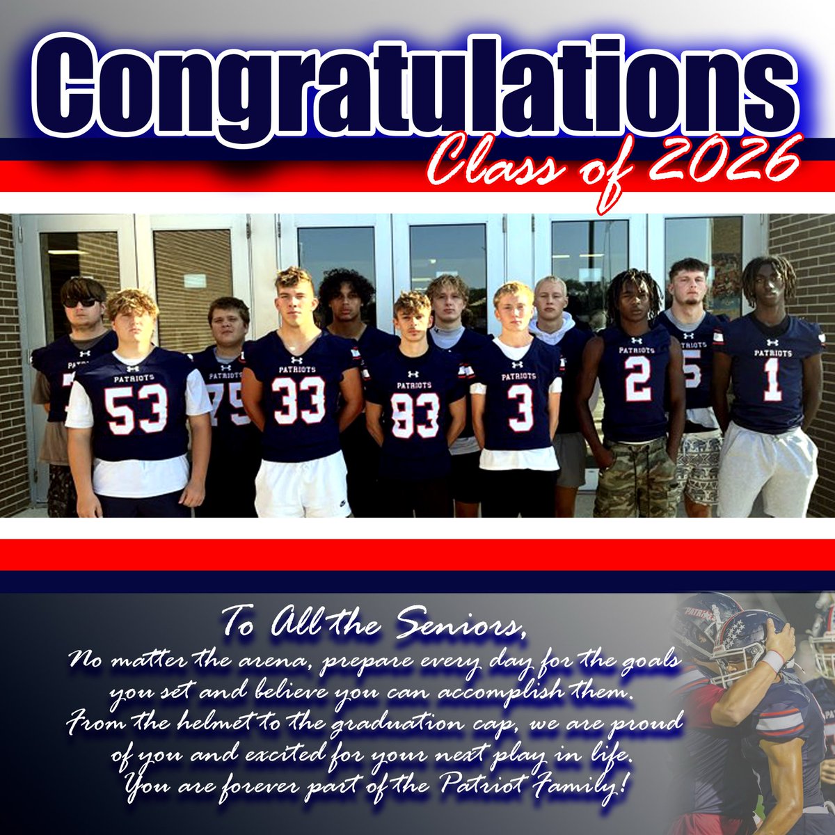 THNfootball's tweet photo. From the THN Coaching Staff to all our Seniors, Parents, Family members and more- Congratulations and we’re excited to watch your next “play” in the “arena” of life! You are forever part of the Patriot Family. Give me two claps for our Seniors! 🫡🔵🔴🇺🇸🏈📚📜🎓 https://t.co/2rmY57dY8I