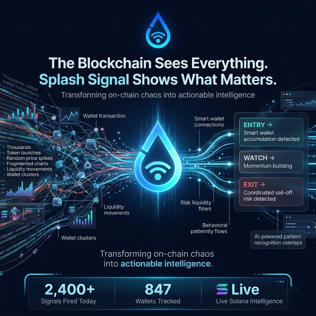 Lumo_67's tweet photo. The blockchain sees everything.

Every wallet movement. Every liquidity shift. Every token that gets launched at 2am by a dev who's done this seventeen times before. It's all there, sitting in public ledgers, permanently recorded, available to anyone willing to look.

The problem was never accessed.

It's that Solana processes thousands of events every second, and most of them are noise. Real noise not metaphorical. Token launches that go nowhere. Wallet clusters that look coordinated until they aren't. Price moves that feel significant until you realize they're one person with a market order and too much conviction.

Somewhere inside that noise is the thing you actually needed to see.

Most tools solve one corner of this. A chart shows you price. A wallet tracker shows you transactions. A rug checker tells you whether the contract looks sketchy. Useful things, separately. But the market doesn't move in separate pieces it moves in patterns, and patterns require you to hold multiple signals in your head simultaneously while the price is already moving.

That's the real problem. Not information scarcity. Information arriving faster than any one person can structure it.

@SplashSignal was built around a simple observation: clarity is the actual edge. Not prediction. Not alpha leaks. Just understanding what's actually happening beneath the surface before most people have finished loading their charts.

It connects on-chain behavior, smart wallet activity, risk signals, and narrative shifts into something legible. ENTRY. EXIT. WATCH. Structured outputs from unstructured chaos.

In a market built on speed, the trader who understands why something is moving usually gets there before the trader who just sees that it moved.

That gap is where the edge lives.

The ticker is $SPIG