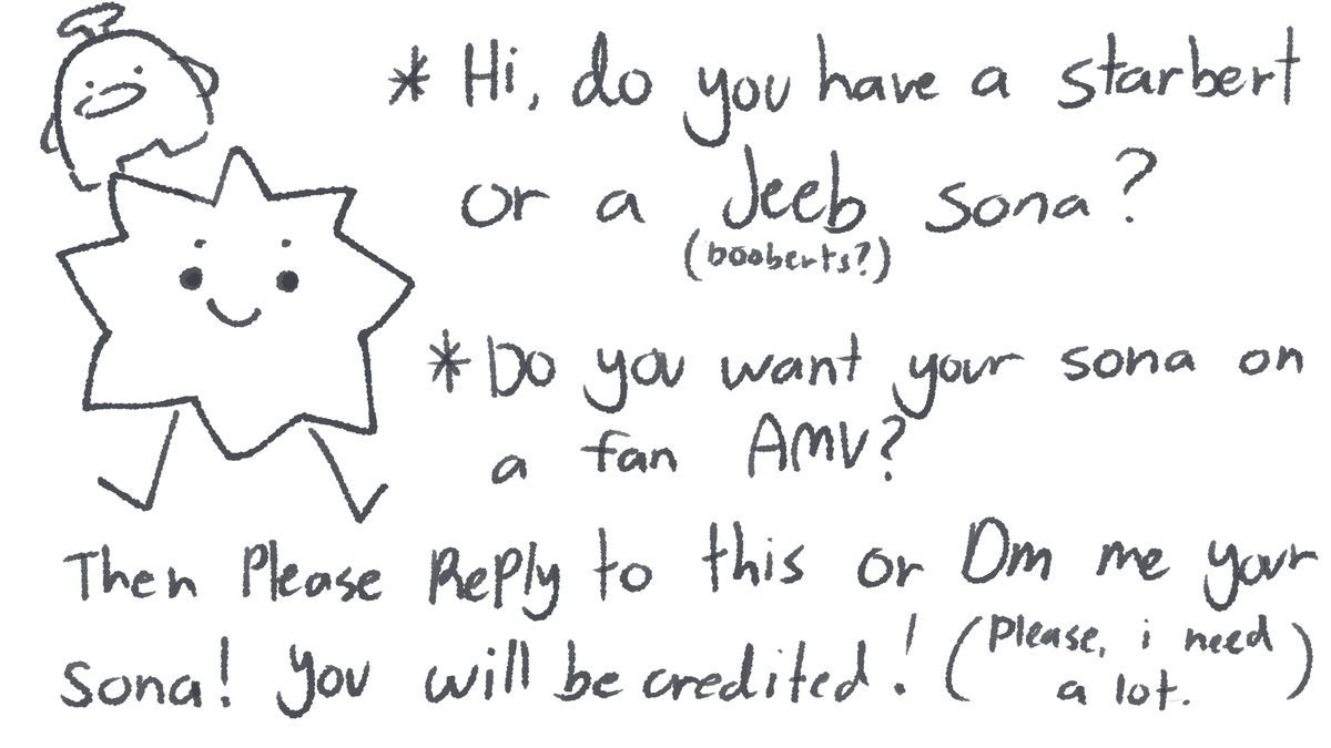 BorkNeko's tweet photo. Hi! Do you have a Starbert/Jeeb/Doobabies sona?

Do you want your sona on a short AMV?

Then please reply to this post with your sona! (Or dm it to me if your shy) You will be credited on the AMV! 

(Please, send this to other starberts/jeebers i need a lot) https://t.co/LM2Q5yzdcY