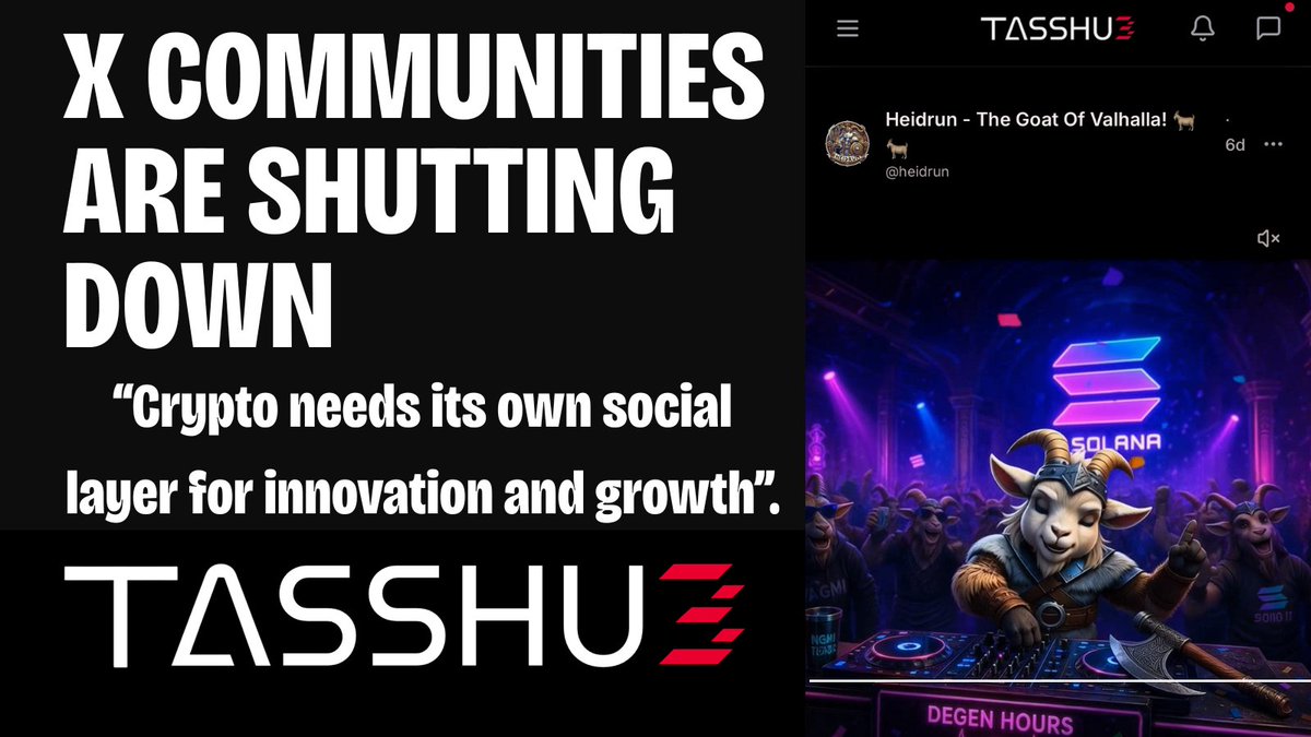 TassHubCrypto's tweet photo. X Communities shutting down yesterday was a warning shot.

Crypto builders, streamers, meme projects, NFT communities, and creators cannot keep relying on  spaces that disappear overnight.

Crypto needs its own social layer built for visibility, discovery, and community growth.

That is TassHub, come discover your home in crypto ⬇️