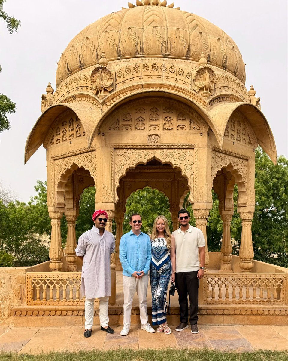 crsinghbhati's tweet photo. The arrival of US President Donald Trump’s daughter, Tiffany Trump, her husband Michael Boulos, and the US Ambassador to India, Sergio Gor, in Jaisalmer is a matter of immense pride for us.

On this occasion, we had the privilege of guiding them through the world famous Sonar Fort, the Jaisalmer Fort Palace Museum, and other prominent attractions, introducing them to the rich cultural, historical, and architectural heritage of the Golden City. The guests highly appreciated the ancient and traditional techniques being utilized for the conservation of the fort, which stands as a testament to our commitment to preserving our heritage.

All the guests were welcomed with traditional hospitality and presented with a Jaisalmeri Pattu (traditional woven shawl).

I am confident that their visit will play a significant role in giving Jaisalmer’s historical heritage, culture, and tourism a renewed identity on the global stage.

अमेरिकी राष्ट्रपति डोनाल्ड ट्रंप की पुत्री टिफनी ट्रंप एवं उनके पति माइकल बोलोस और भारत में अमेरिकी राजदूत सर्जियो गोर का जैसलमेर आगमन हमारे लिए गौरव का विषय है।

इस अवसर पर उन्हें विश्व प्रसिद्ध जैसलमेर दुर्ग, फोर्ट पैलेस म्यूजियम एवं अन्य प्रमुख दर्शनीय स्थलों का भ्रमण करवाते हुए स्वर्णनगरी की समृद्ध सांस्कृतिक, ऐतिहासिक और स्थापत्य विरासत से अवगत कराने का अवसर मिला। अतिथियों ने दुर्ग संरक्षण के लिए अपनाई जा रही प्राचीन एवं पारंपरिक तकनीकों की विशेष सराहना की, जो हमारी विरासत के प्रति प्रतिबद्धता का प्रमाण है।

सभी अतिथियों का पारंपरिक आतिथ्य के साथ स्वागत कर उन्हें जैसलमेरी पट्टू भेंट किया।

मेरा विश्वास है कि उनकी यह यात्रा जैसलमेर की ऐतिहासिक धरोहर, संस्कृति और पर्यटन को वैश्विक स्तर पर नई पहचान दिलाने में महत्वपूर्ण भूमिका निभाएगी।