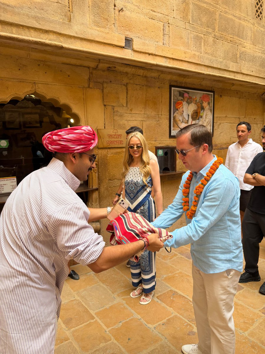 crsinghbhati's tweet photo. The arrival of US President Donald Trump’s daughter, Tiffany Trump, her husband Michael Boulos, and the US Ambassador to India, Sergio Gor, in Jaisalmer is a matter of immense pride for us.

On this occasion, we had the privilege of guiding them through the world famous Sonar Fort, the Jaisalmer Fort Palace Museum, and other prominent attractions, introducing them to the rich cultural, historical, and architectural heritage of the Golden City. The guests highly appreciated the ancient and traditional techniques being utilized for the conservation of the fort, which stands as a testament to our commitment to preserving our heritage.

All the guests were welcomed with traditional hospitality and presented with a Jaisalmeri Pattu (traditional woven shawl).

I am confident that their visit will play a significant role in giving Jaisalmer’s historical heritage, culture, and tourism a renewed identity on the global stage.

अमेरिकी राष्ट्रपति डोनाल्ड ट्रंप की पुत्री टिफनी ट्रंप एवं उनके पति माइकल बोलोस और भारत में अमेरिकी राजदूत सर्जियो गोर का जैसलमेर आगमन हमारे लिए गौरव का विषय है।

इस अवसर पर उन्हें विश्व प्रसिद्ध जैसलमेर दुर्ग, फोर्ट पैलेस म्यूजियम एवं अन्य प्रमुख दर्शनीय स्थलों का भ्रमण करवाते हुए स्वर्णनगरी की समृद्ध सांस्कृतिक, ऐतिहासिक और स्थापत्य विरासत से अवगत कराने का अवसर मिला। अतिथियों ने दुर्ग संरक्षण के लिए अपनाई जा रही प्राचीन एवं पारंपरिक तकनीकों की विशेष सराहना की, जो हमारी विरासत के प्रति प्रतिबद्धता का प्रमाण है।

सभी अतिथियों का पारंपरिक आतिथ्य के साथ स्वागत कर उन्हें जैसलमेरी पट्टू भेंट किया।

मेरा विश्वास है कि उनकी यह यात्रा जैसलमेर की ऐतिहासिक धरोहर, संस्कृति और पर्यटन को वैश्विक स्तर पर नई पहचान दिलाने में महत्वपूर्ण भूमिका निभाएगी।
