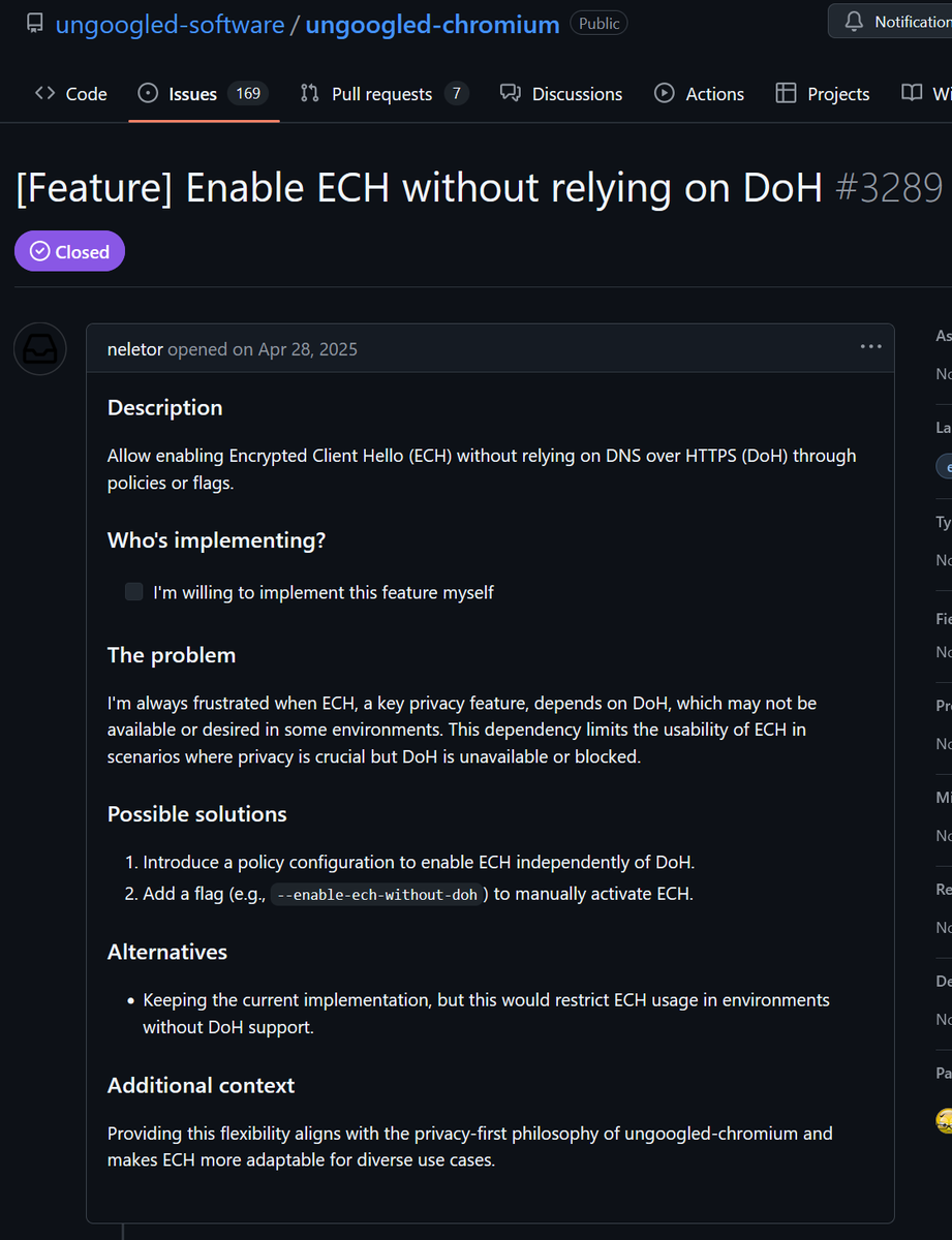 tmctmt's tweet photo. I was wondering why Chrome was refusing to use ECH on websites where it works just fine in Firefox.

It turns out Chrome only enables ECH if your system DNS server supports DoH. If you use Mullvad, its internal DNS servers are plaintext only. https://t.co/i0H3Xkc0S7