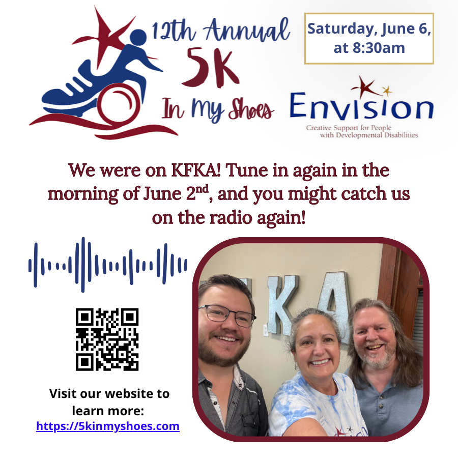 EnvisionCoOrg's tweet photo. We Were on KFKA! Check out our radio interview about our 12th Annual 5K In My Shoes here: https://t.co/kWmHfwe9N5
Also, tune in on the morning of June 2nd, around 9:05 AM, as we will be live again! Learn more and register at: https://t.co/Q0KrNHx5m1. See you there! 
#5KInMyShoes https://t.co/Vt6h5qEvuh