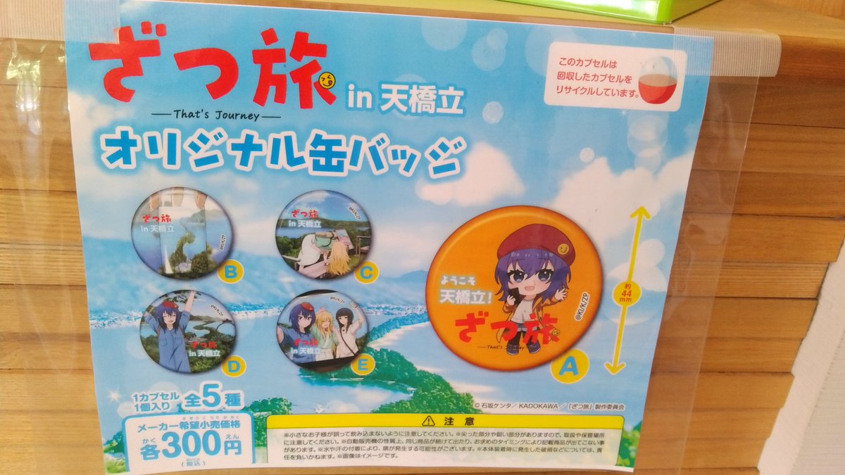 昨日天橋立に行ったら、「ざつ旅」の缶バッジが！