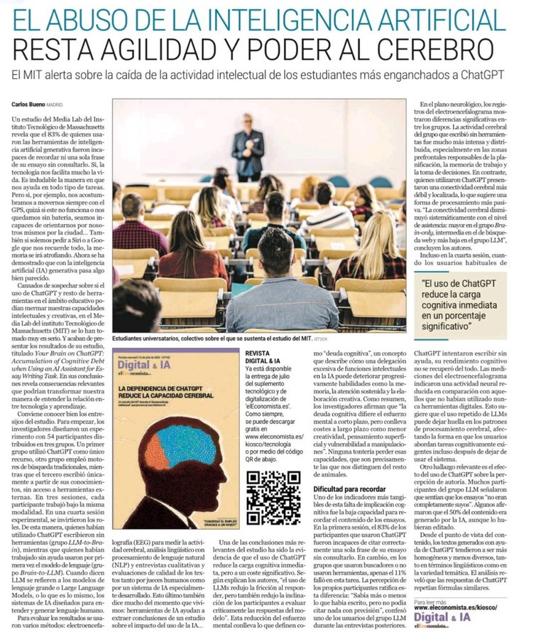 virginiog's tweet photo. Estudio del MIT Media Lab sobre cómo el uso excesivo de IA generativa como ChatGPT genera "deuda cognitiva" en estudiantes, reduciendo su capacidad de recordar y procesar información de forma independiente

Clave educar sobre  uso inteligente de la IA  que potencia cognición https://t.co/dVhDwNOMkn