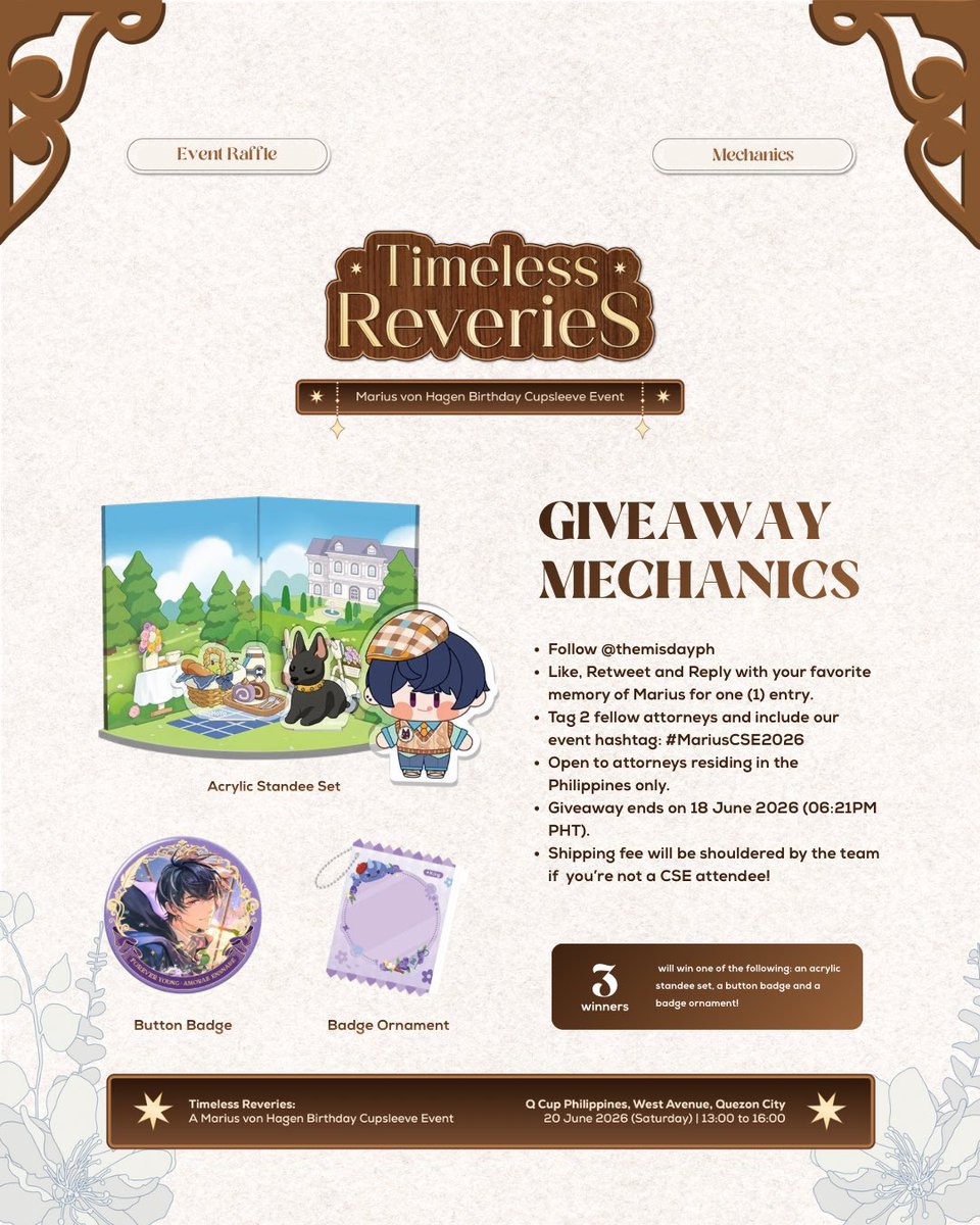 themisdayph's tweet photo. Raffle Giveaway! 🪄✨

Are you one of the lucky ones? Join the event's Marius Raffle Giveaway and get a chance to win one of the following items below! 💜

Giveaway ends on 18 June, 06:21PM PHT! ⏳

#TimelessReveriesCSE #MariusCSE2026 #TearsofThemis https://t.co/TtdpvvxfWv