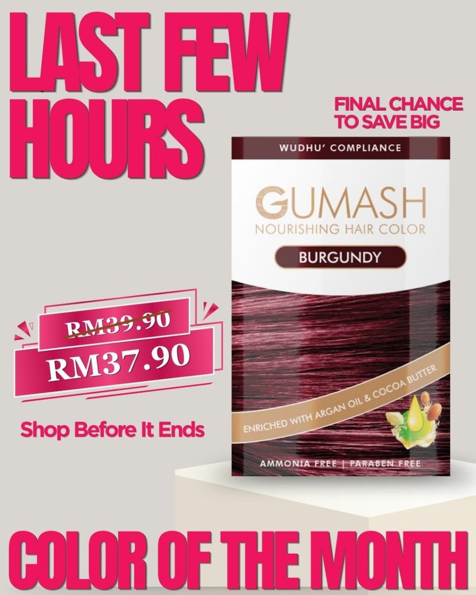 Gumashcolor's tweet photo. FINAL HOURS🔥

Color of the month sale ends tonight. Secure your burgundy shade before midnight. Link in bio✨️

#colorofthemonth #burgundycolor #halalhaircolor #halalhairdye #loveisinthehair https://t.co/vPcVdxOWLJ