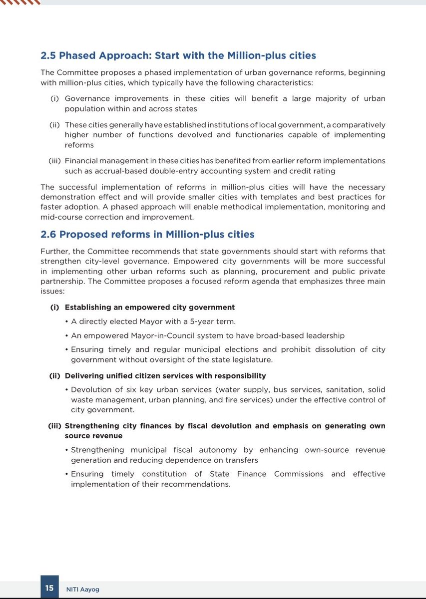 VishalBhargava5's tweet photo. NITI Aayog says Indian Cities need Empowered Mayors for better governance.
A 5-year-term for Mayor with 6 key urban services under effective control: water, bus, sanitation, solid waste management, urban planning, fire.
If there's just one reform to do: THIS IS IT
via @mxtaverse https://t.co/rQH9xyVhgu