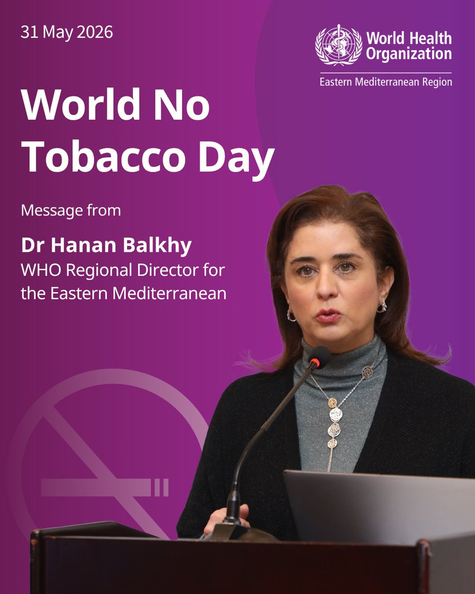 WHOEMRO's tweet photo. Message from Dr @HananBalkhy, WHO Regional Director for the Eastern Mediterranean on the occasion of #WorldNoTobaccoDay 2026
-----------
This year’s World No Tobacco Day campaign shines a light on a hard truth: the tobacco and nicotine industry is constantly reinventing itself—repackaging harm to hook a new generation, particularly children and adolescents, while sidestepping stronger regulation.

As a paediatrician and a mother, I find this deeply concerning. These products are designed to create addiction early, targeting young people at a stage of life when their bodies and brains are still developing.

Despite decades of progress, tobacco and nicotine products continue to cause millions of preventable deaths each year.

In the Eastern Mediterranean Region an estimated 5.5 million children aged 13 to 15 are already using tobacco. Adolescents are far more likely than adults to use e-cigarettes, with rates among young people—especially boys—reaching alarming levels in some areas. Across many countries, more than half of young people report exposure to tobacco advertising and promotion.

This is not accidental. It is the result of deliberate strategies—flavours that mask harshness, packaging that attracts, and digital marketing that normalizes use. Combined with weak regulation, enforcement gaps and persistent industry interference, these tactics are driving a growing and evolving epidemic.

In a Region where a large share of the population is under 30, the stakes could not be higher. Without decisive action, we risk locking a new generation into lifelong addiction.

We must act immediately to ban flavours that target youth, to regulate product design, and to mandate clear graphic health warnings and adopt plain packaging. We must enforce comprehensive bans on advertising, promotion and sponsorship—including across digital platforms.

We must protect people from second-hand smoke, strengthen cessation services, and increase taxes to reduce affordability. Together, we must unmask the appeal, counter these tactics and act now to safeguard health across the Eastern Mediterranean Region.
No industry should be allowed to profit from nicotine and tobacco addiction at the expense of future generations.

#TobaccoExposed