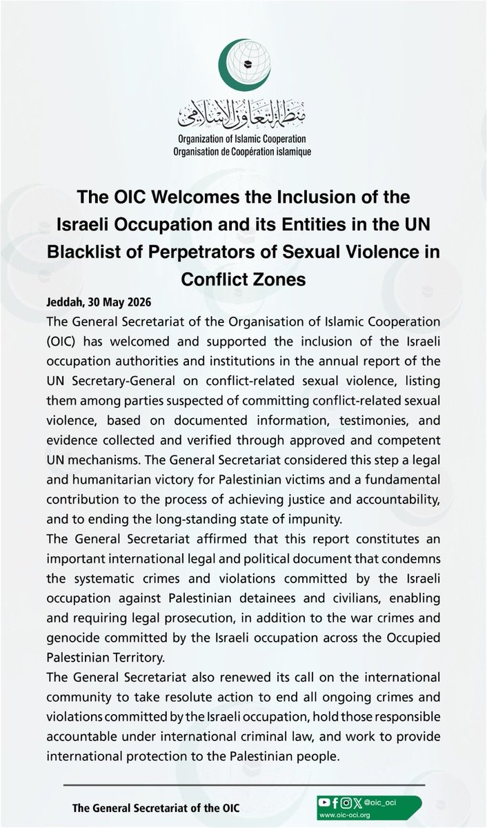 OIC_OCI's tweet photo. The #OIC Welcomes the Inclusion of the Israeli Occupation and its Entities in the UN #Blacklist of Perpetrators of #SexualViolence in Conflict Zones. #Palestine #Israel https://t.co/jlpM9jW39m
