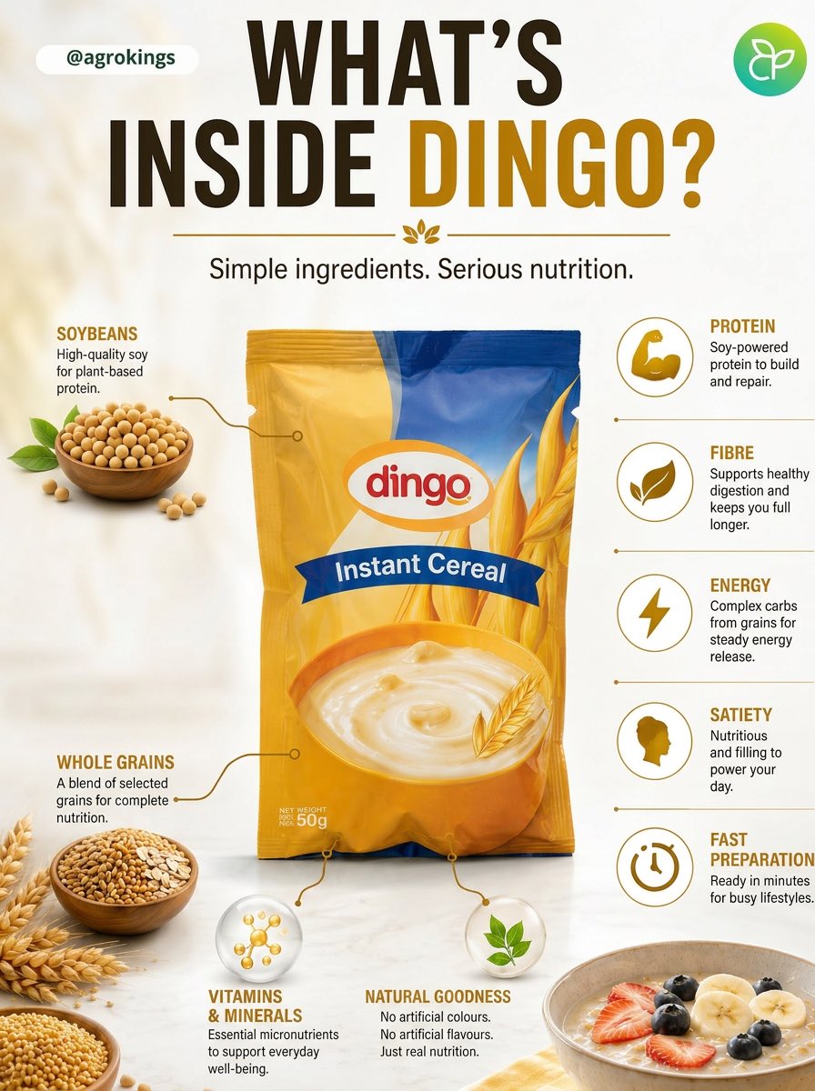 agrokingsgh's tweet photo. Your mornings are about to change ☀️  

Dingo — Ghana’s multigrain breakfast cereal, grown and made right here at Agro Kings.  

🥣 Protein-rich  
🌱 Soy-powered  
⏱️ Ready in minutes  

Swipe to see 3 ways to enjoy it. Which one is your style? 👇  

#Dingo #AgroKings #Breakfast https://t.co/h59Gd9xCZz