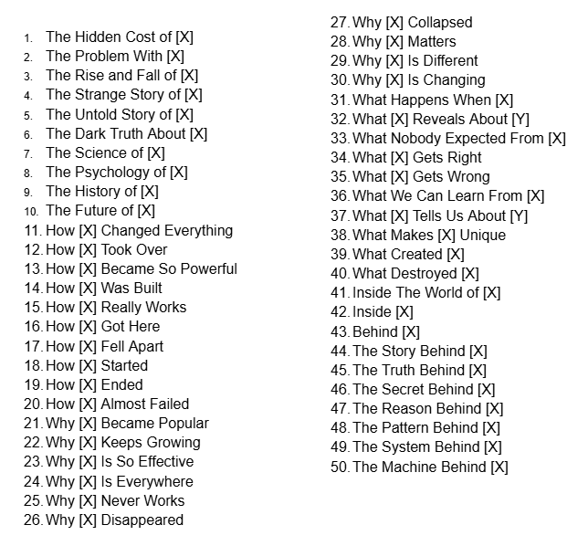saimagnate's tweet photo. 50 more title structures that faceless channels use constantly across documentaries, psychology, history, business, science, self-improvement, and educational niches https://t.co/0zq1ByJlYz