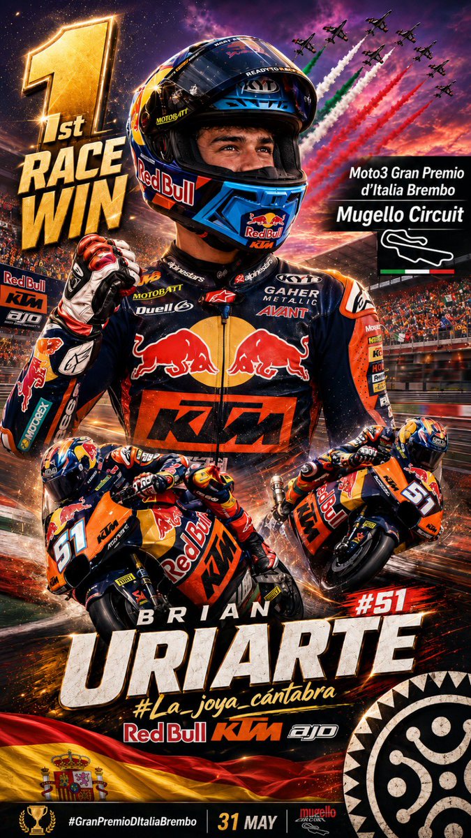 Postureo_CANT's tweet photo. 🏆 El cántabro Brian Uriarte gana su primera carrera en el Mundial de MOTO3 🏍️💨

🙌🏻 Grande Brian 🙌🏻 https://t.co/DXUSyqZI2c