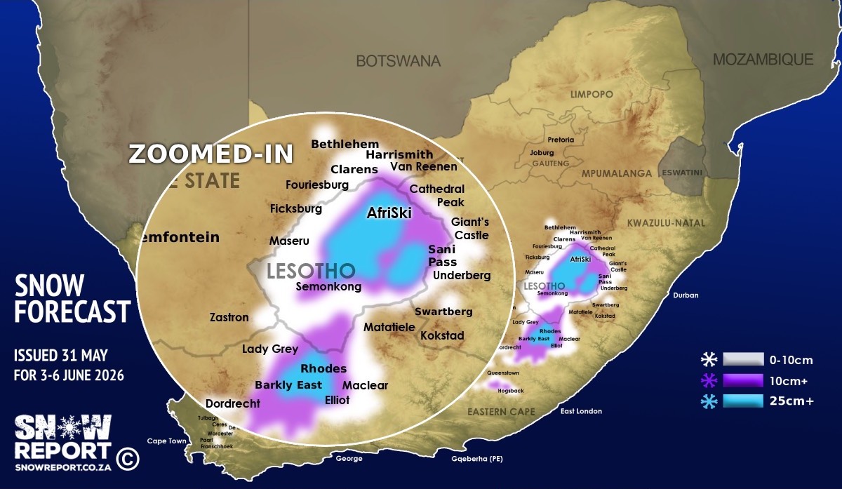 SnowReportSA's tweet photo. ❄ UPDATED SNOW FORECAST: Snow possible in five SA provinces and Lesotho from Wednesday this week - more details at https://t.co/qs5oMScTA4 #snowreportsa #africansnow #weather https://t.co/AdYPiLL448