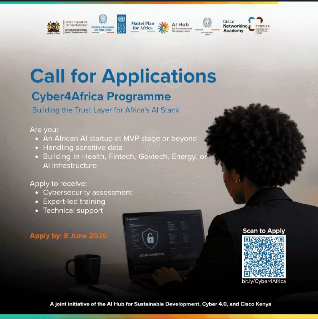 gaagana_'s tweet photo. 📍📌APPLY NOW
Applications are now open for the Cyber4Africa Programme!

This 6-month programme helps African AI startups (MVP stage+). 
Targeted at AI startups in Healthtech, Fintech, Govtech, Energy/Climate & AI Infrastructure.

📅Deadline: 8 June 2026
🕑Start: 1 July 2026

Apply here: https://t.co/hMNqvbs2Y7

Learn more:https://t.co/8BrHvpCyOp