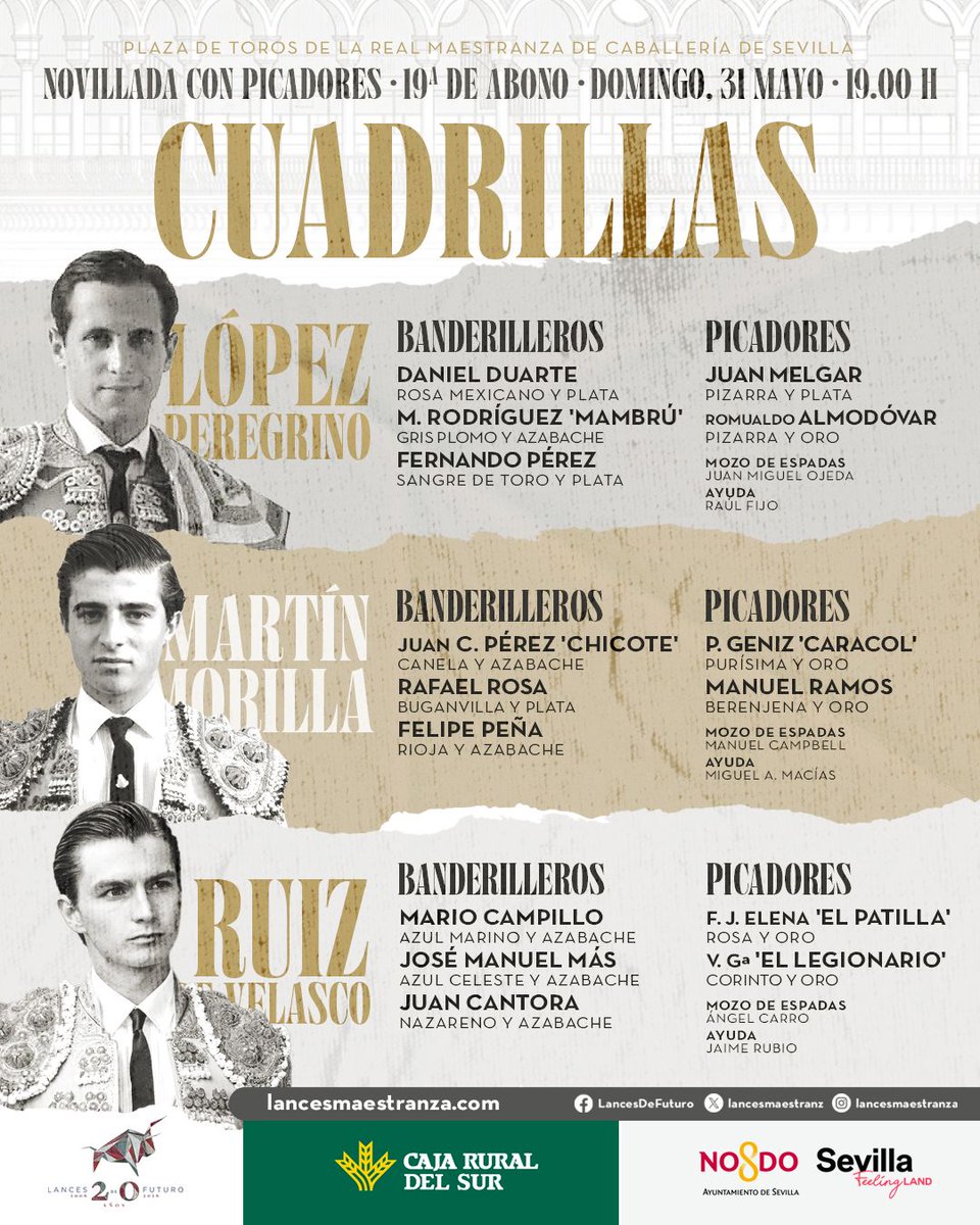 LancesMaestranz's tweet photo. 📄 Cuadrillas de López Peregrino, Martín Morilla y Ruiz de Velasco para el decimonoveno festejo de abono en #Sevilla https://t.co/TN7FKsX5ht