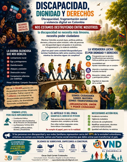 DISNNET's tweet photo. #CRPD20 Discapacidad, fragmentación social y violencia digital en Colombia. Nos estamos destruyendo entre nosotros: la #discapacidad no necesita más limosna, necesita poder ciudadano https://t.co/QaUspo7eCb  Inclusion dicho, derechos proclamados. Hechos, derechos garantizados. https://t.co/0DKTGtOH9z