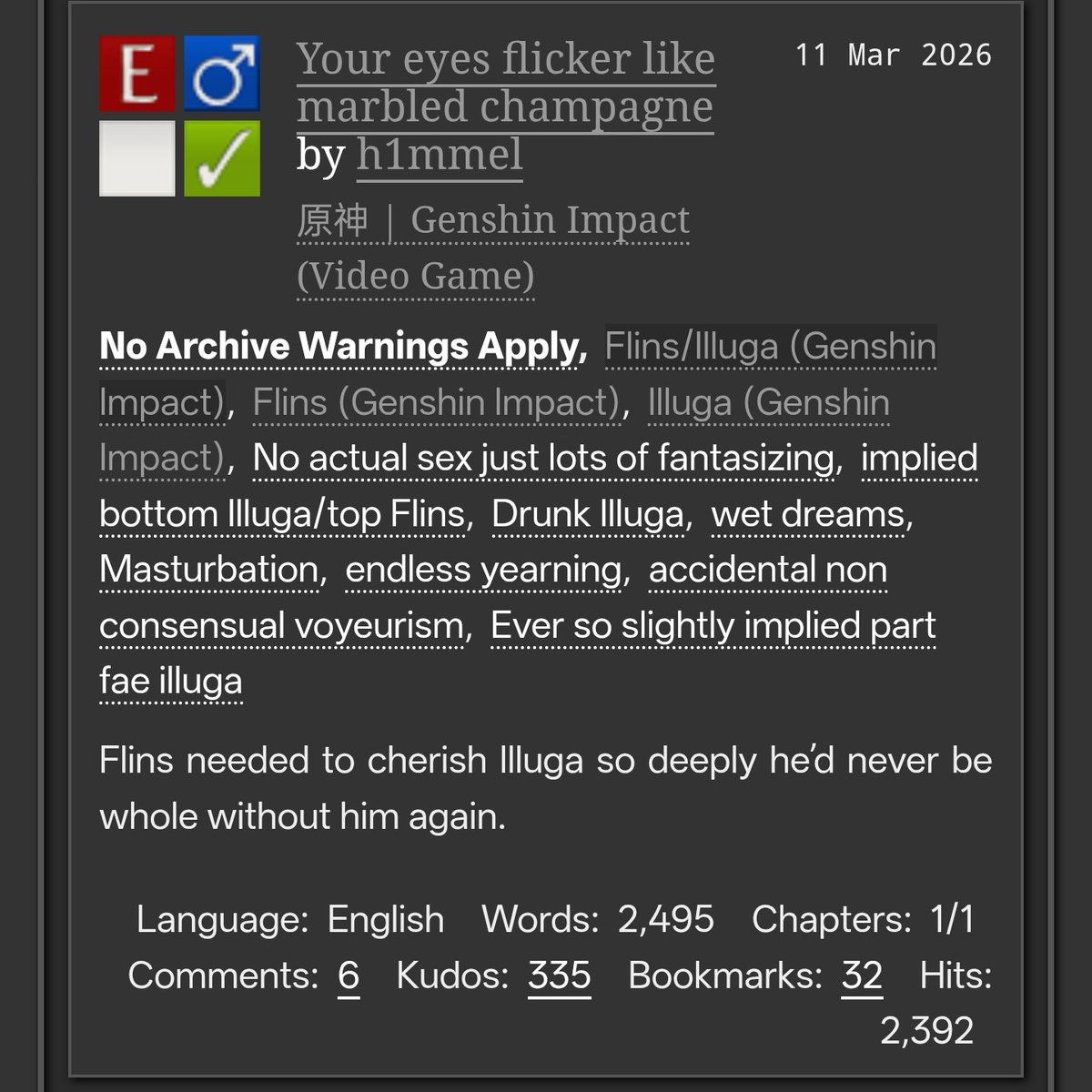 faelightfics's tweet photo. #faelight fic rec 🔞

Your eyes flicker like marbled champagne by h1mmel on ao3 
• drunk illuga 
• masturbation 
• voyeurism
• 2.4k words 
https://t.co/PS6v0fN3NZ https://t.co/ilRy36b6M8