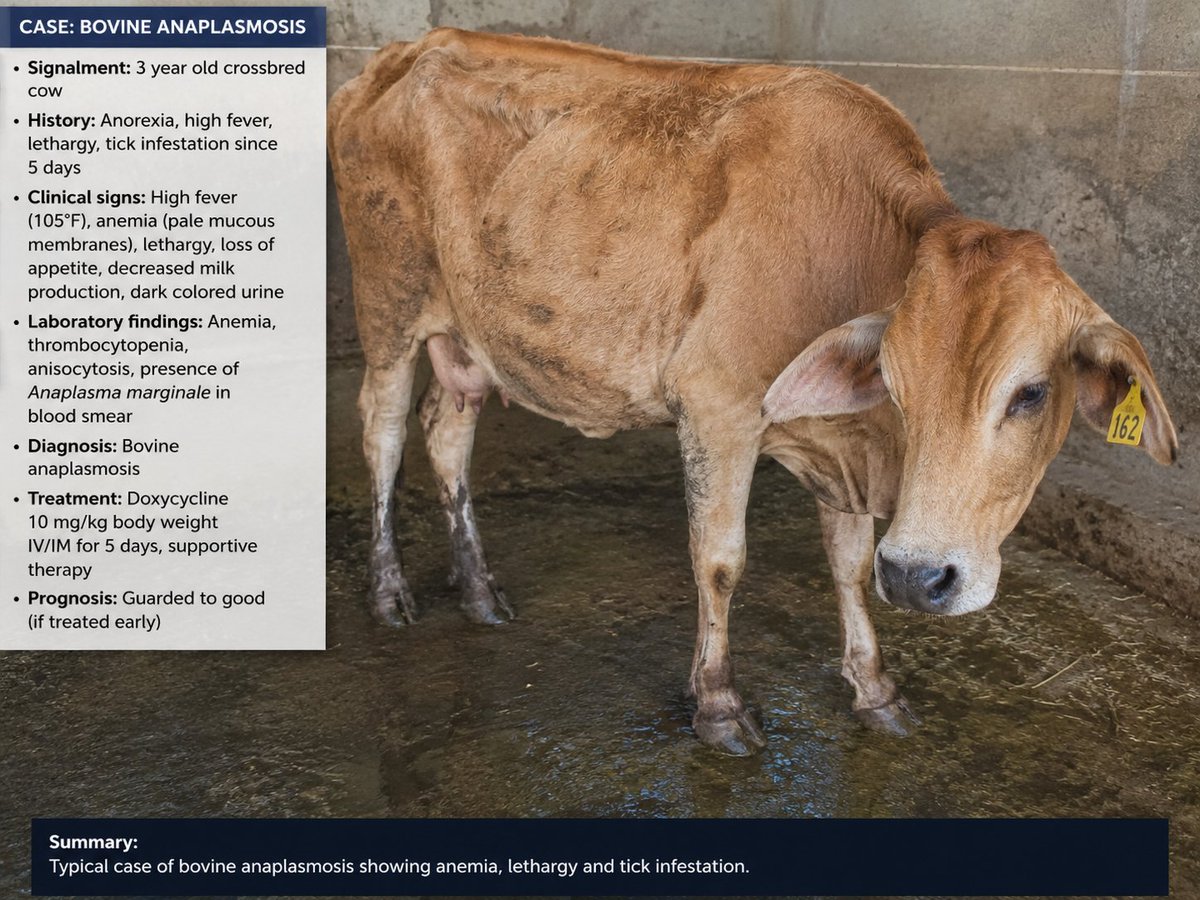 Muhammad676268's tweet photo. 🐄 Anaplasmosis in Cattle

A tick-borne disease causing severe anemia, fever, weakness, weight loss, and reduced milk production. Early diagnosis and treatment are essential for recovery and herd health. #FieldVet #CattleHealth #Anaplasmosis #VeterinaryMedicine https://t.co/JEGuAoG5Ss