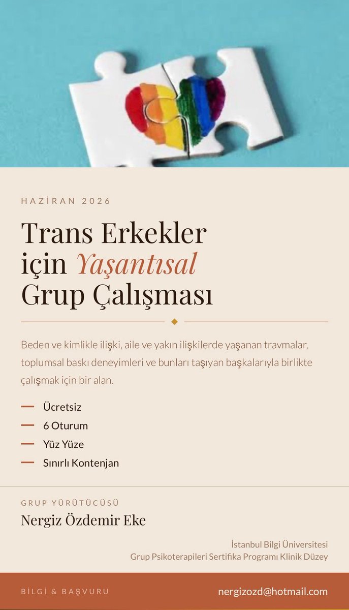nergize_'s tweet photo. ▪️trans erkekler için yaşantısal grup çalışması 

bedenle kurulan ilişki, kimlik deneyimi, aile içinde yaşanan kırılmalar, yakın ilişkilerde taşınan yaralar, toplumsal baskı, görünmez bırakılma, dışlanma ve yalnızlaştırılma deneyimleri ve bunların hiçbirini bireysel “sorunlar” olarak değil, toplumsal bağlamı içinde birlikte düşünmek, konuşmak ve deneyimlemek için bir alan açmak niyetindeyim.

bu grup, trans erkeklerin kendi deneyimlerini güvenli, destekleyici ve yargısız bir ortamda paylaşabilmeleri, dayanışma kurabilmeleri ve birlikte düşünebilmeleri amacıyla oluşturulmuştur.
istanbul, kadıköy’de yüz yüze gerçekleşecek grup çalışması toplam 6 oturumdan oluşacaktır.

katılım ücretsizdir.
kontenjan sınırlıdır.

başvuru ve bilgi için:
nergizozd@hotmail.com