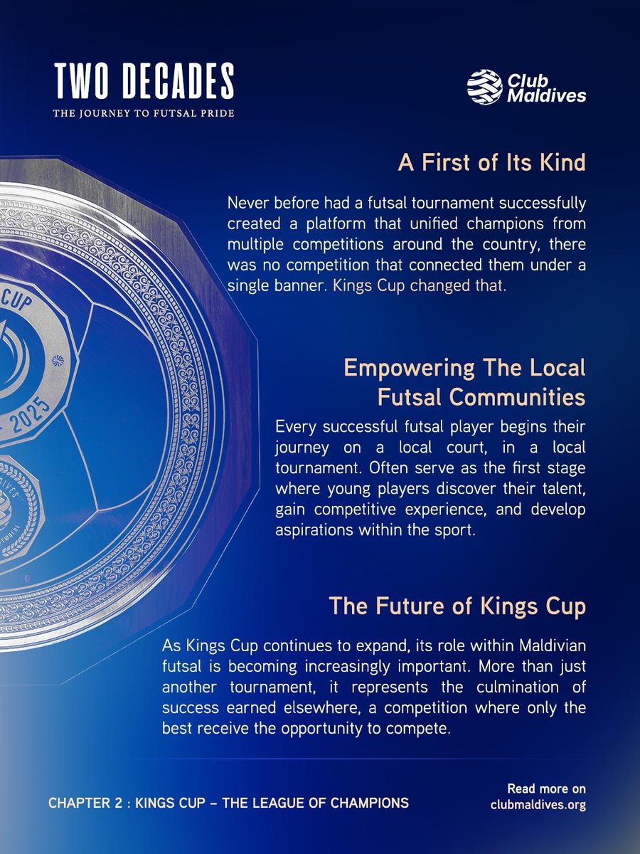 ClubMaldives's tweet photo. Kings Cup – The League of Champions

The second Chapter of TWO DECADES is all about a competition designed not merely to crown a champion, but to determine the king among champions. 

Explore the beginning and the future of Kings Cup.

Full Article: https://t.co/4ON6JgMzDT https://t.co/OY22qoZzcx