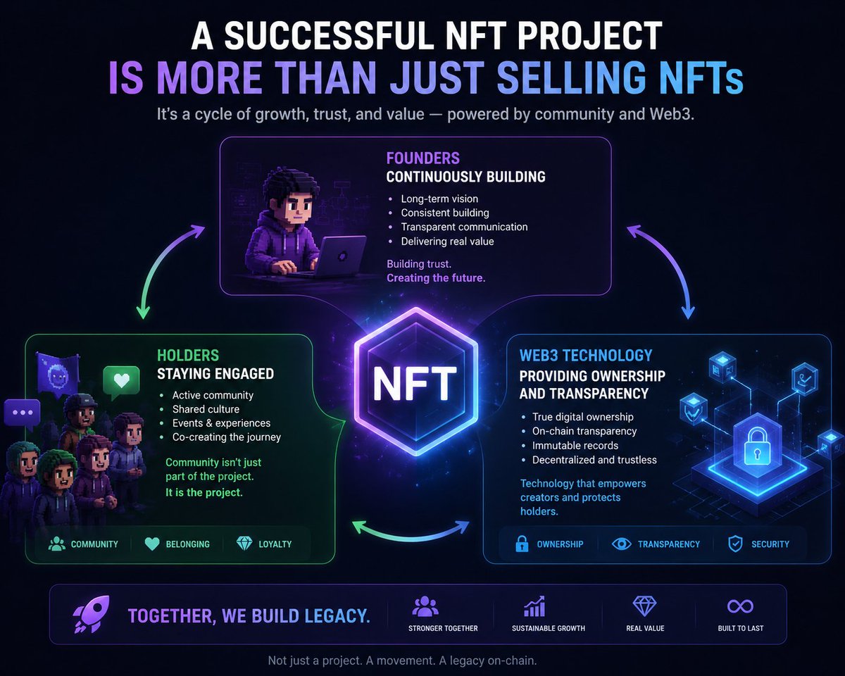 SpaceL28791's tweet photo. A successful NFT project is not just about selling NFTs. It's about founders continuously building, holders staying engaged, and Web3 technology providing ownership and transparency #NFTdigger #crypto #memecoin https://t.co/IknRgfFbHE