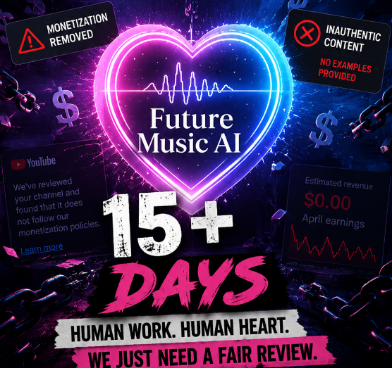 FutureMusicAI's tweet photo. 15+ days without YPP. Future Music AI was removed for “inauthentic content” with no specific examples. My videos take days of human-led work: concept, lyrics, AI music/visuals, editing &amp; thumbnails. Please give a fair human review and clarify April earnings. @TeamYouTube https://t.co/nYprDiZwPm
