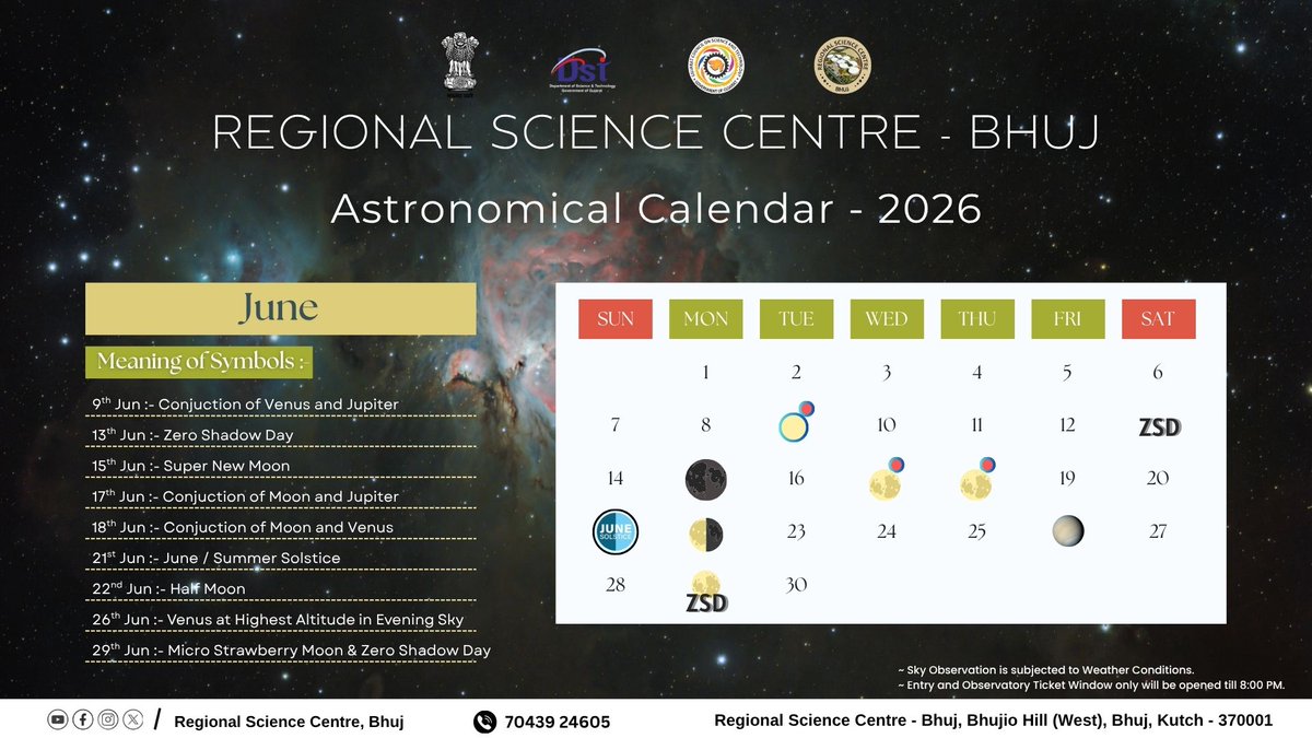 RscBhuj's tweet photo. June unfolds a trilogy of celestial wonders @RSCBhuj!
Experience the fascinating Zero Shadow Day, celebrate the June Solstice and witness the beauty of the Micro Moon. Discover more astronomical wonders at India’s Largest Public Space Observatory.
@asipoec
@apod
@PWInstruments https://t.co/BGLPOIqK95