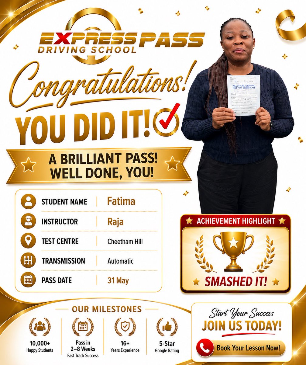 Expresspass1's tweet photo. ✅ From beginner to PASS!
Intensive courses designed to get you on the road quickly 🚘
Best rated in Manchester.

#ManchesterDrivingSchool
#DrivingLessonsManchester
#ManchesterDrivingInstructor
#DrivingTestManchester
#ManchesterLearnerDriver
#ManchesterDrivingLessons https://t.co/EVbFwrMeMf