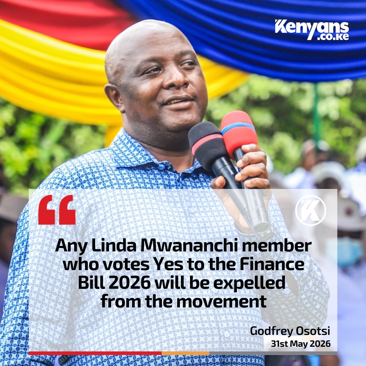 Kenyans's tweet photo. Any Linda Mwananchi member who votes Yes to the Finance Bill 2026 will be expelled from the movement - Senator Godfrey Osotsi https://t.co/10YKBex9tz