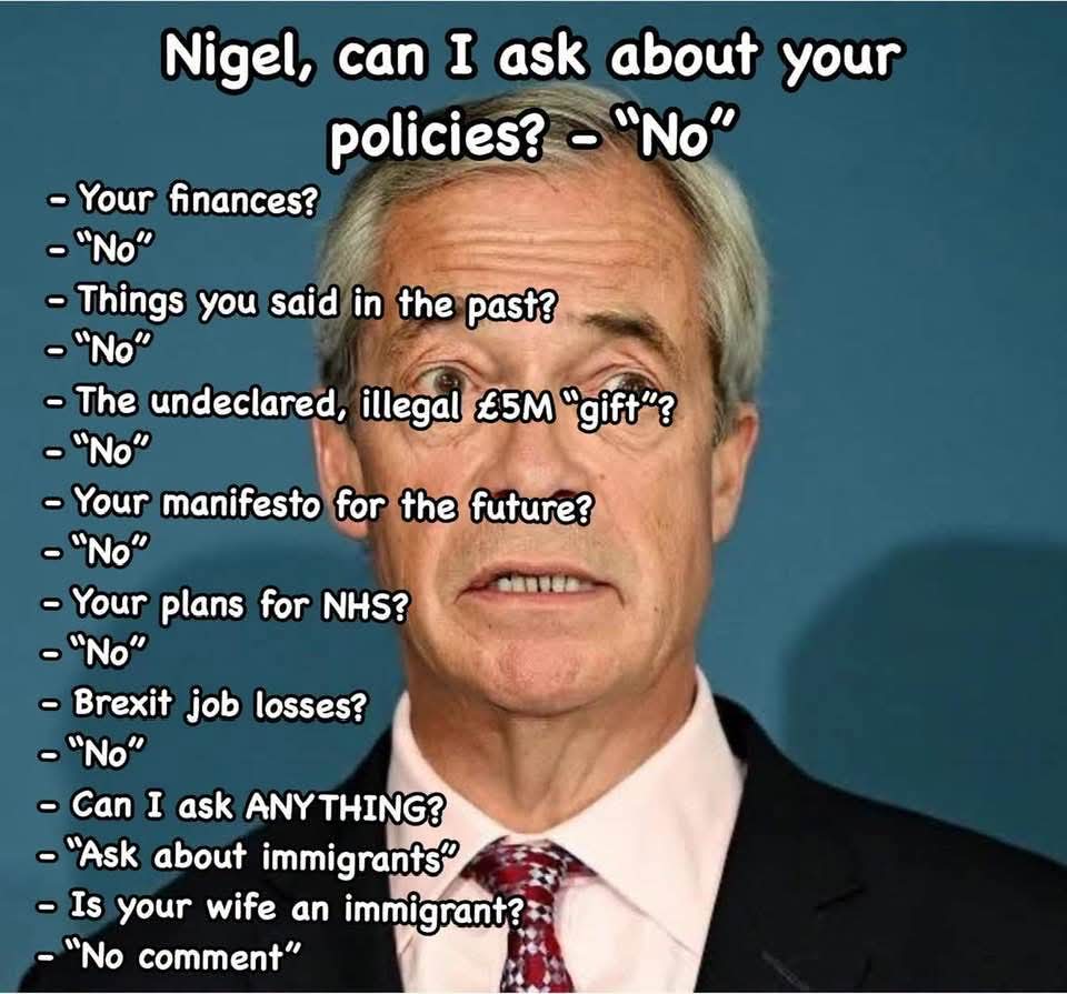 Clainy6's tweet photo. Farage will not be seen in Makerfield because he knows Reform will not win.
That's why he is in hiding + He doesn't want to be questioned on his dodgy dealings. https://t.co/rJj6eMtPaq