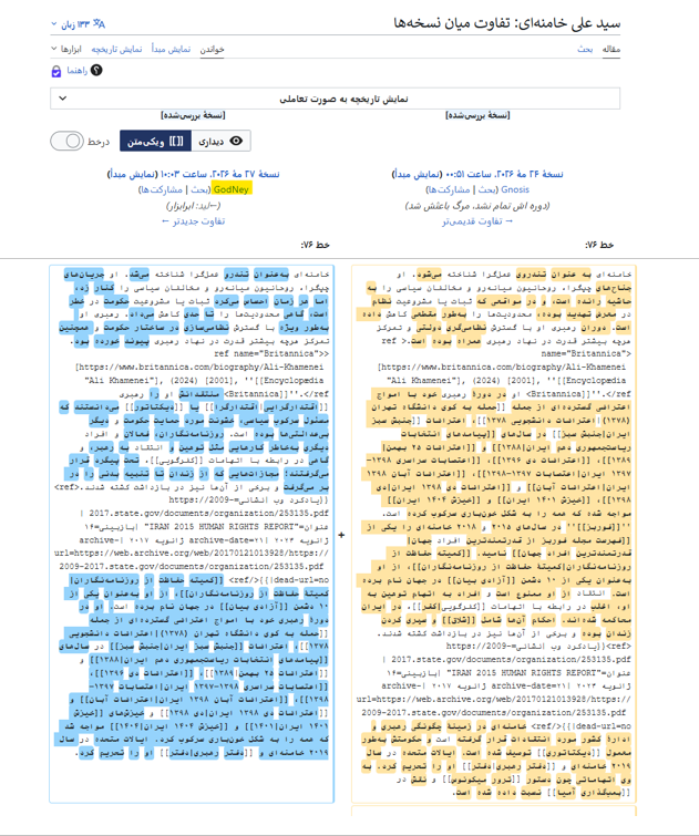 wiki_news24's tweet photo. کاربر حکومتی زاپاس GodNey در #ویکی‌پدیای_فارسی در صفحه سیدعلی خامنه‌ای به نوع جدیدی از اعمال سانسور با وارونه‌سازی مفاهیم روی آورده است. ازجمله:
⭕️«دیکتاتوری» تغییر داده شد به «منتقدان او را اقتدارگرا می‌دانستند»،
⭕️«جنگ‌های نیابتی» تغییر داده شد به «قدرت منطقه‌ای».
⭕️«شلاق» شد «تنبیه بدنی»،
⭕️و «یهودستیزی» و «فراخوان نابودی اسرائیل» را حذف کرد،
وارونه کردن مفاهیم تا کجا؟!! 
#ویکی‌پدیا
#وقتی_شما_نبودید 
#Wikipedia