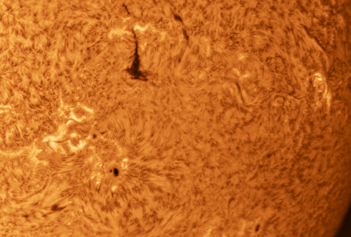 TechTranslate_G's tweet photo. The Sun’s chromosphere yesterday:
Active region AR 4446 - the large sunspot.
The seeing wasn’t ideal due to a varying, very thin layer of cirrus clouds, but I’m quite satisfied with the result.
I made a significant change to my setup, which I’ll explain in the thread below for anyone interested.