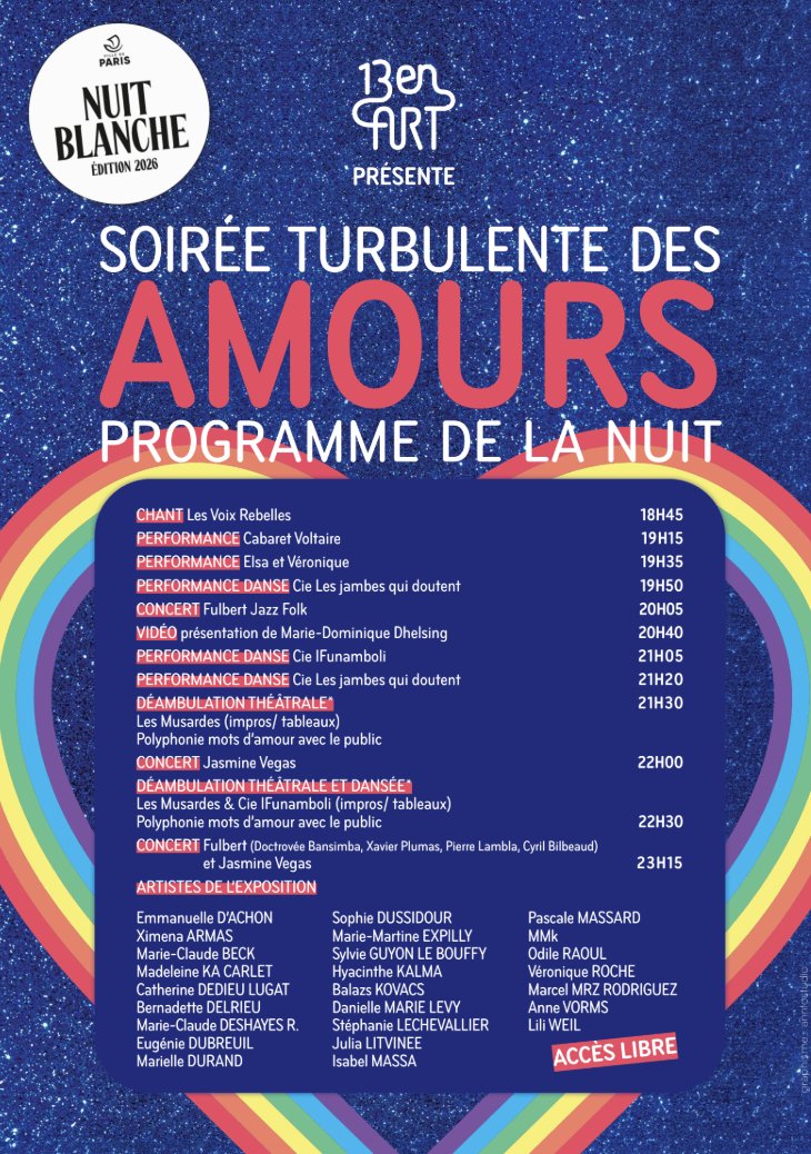 2Paris13's tweet photo. 🎨💘 L’association 13 EN ART vous invite à l’exposition “AMOURS” du 6 au 20 juin au conservatoire Maurice Ravel (67 av. Edison) avec une soirée exceptionnelle à l'occasion de✨ Nuit Blanche le samedi 6 juin de 19h à minuit 🔽#NuitBlanche #Paris13 #ArtContemporain https://t.co/sOk9dKYVlT