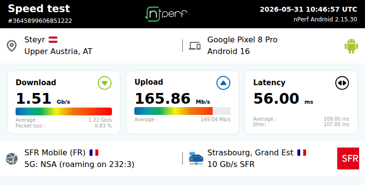 Ari33260's tweet photo. ↓1 510 Mb/s ↑166 Mb/s, ⇄ 56 ms / mobile:F SFR / #GooglePixel8Pro / #nPerf v2.15.30 /
Le giga en roaming avec #SFR sur le réseau #TMobile 🚀
#nPerf @nPerf https://t.co/8N3oMyJOpR