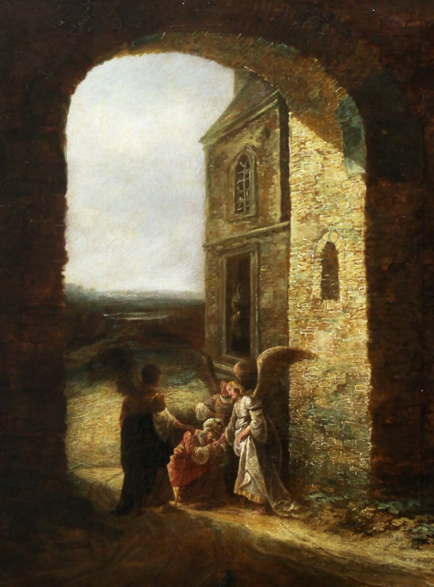 owenbroadcast's tweet photo. i’ve always enjoyed this cool atypical rendition of abraham meeting the three angels (old testament) by aert jansz marienhof, from the early 1600s, where they’re all clearly in some dutch village: https://t.co/IL32GeBVrl