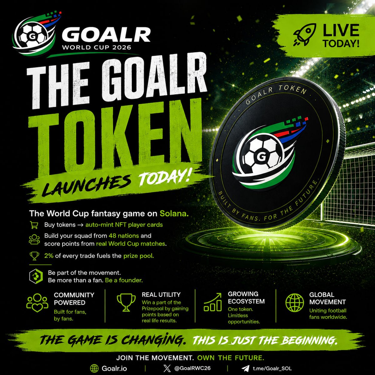 GoalRWC26's tweet photo. We getting closer to launch! 

Going live between 16:00 and 17.00 UTC

Join our #telegram channel for more info!

#Solana #WorldCup26 #FantasyFootball https://t.co/0X9tj4lMZp