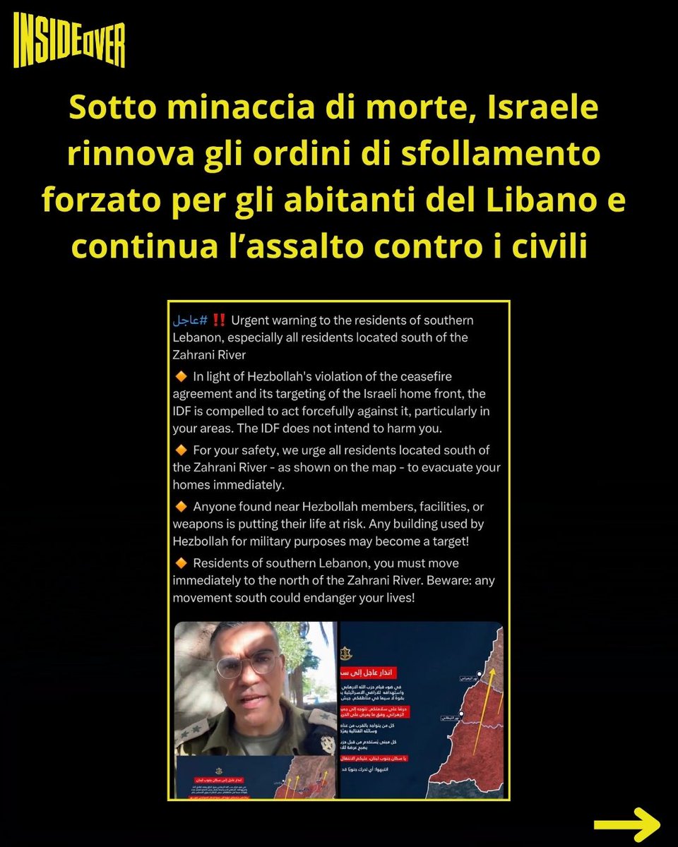 insideoverita's tweet photo. L’invasione del Libano da parte di Israele prosegue durante il cosiddetto “cessate il fuoco”: l’esercito israeliano ha conquistato il castello di Beaufort, risalente a 900 anni fa, oltre il fiume Litani.

Arroccata su una collina dominante, la fortezza medievale domina gran parte del Libano meridionale, rivestendo un'importanza strategica significativa.

Si tratta della più profonda invasione del Libano da parte di Israele in oltre 26 anni.

L’IDF si sta avvicinando alla città di Nabatiyeh, centro economico e fulcro culturale per il Libano meridionale e considerata simbolo di resistenza.

Il controllo delle colline circostanti garantirebbe una posizione dominante su ampie zone del Libano meridionale e sulla parte occidentale della valle della Bekaa.

La tregua entrata ufficialmente in vigore il 17 aprile non è mai stata rispettata.

Dalla “tregua” l’IDf ha ucciso oltre 700 persone. Dal 2 marzo Israele ha ucciso 3.370 persone tra cui oltre 200 bambini.

Dal 2 marzo Israele ha ucciso 133 paramedici: l’ultimo sabato 30 maggio. Si tratta del giovanissimo Hussein Wehbi.

Israele continua ad attaccare i villaggi libanesi con fosforo bianco. L’uso del fosforo bianco contro aree civili è vietato dal diritto internazionale in quanto il fosforo bianco brucia fino alle ossa scioglieno vestiti, pelle, muscoli.

Come riporta la giornalista @cbonneauimages  dal Libano, l’IDF continua a emettere ordini di evacuazione forzata sotto minaccia di morte mentre continua i bombardamenti contro i civili.

Dal 2 marzo Israele ha costretto oltre 1 milione di persone a sfollare.  

#lebanonunderattack #lebanongenocide