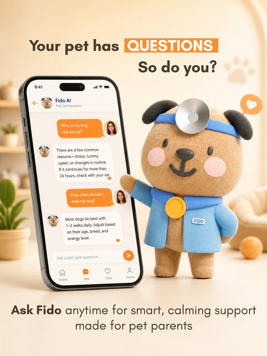 Mypetworldapp's tweet photo. Pet parenting comes with questions every day

Fido, the AI assistant inside My Pet World, helps pet parents get quick, reliable guidance whenever they need it🧡

Because informed pet parents make happier pets🐾

#mypetworld #qatarpets #PetTech #PetCare #AI https://t.co/PmJu31FG2U