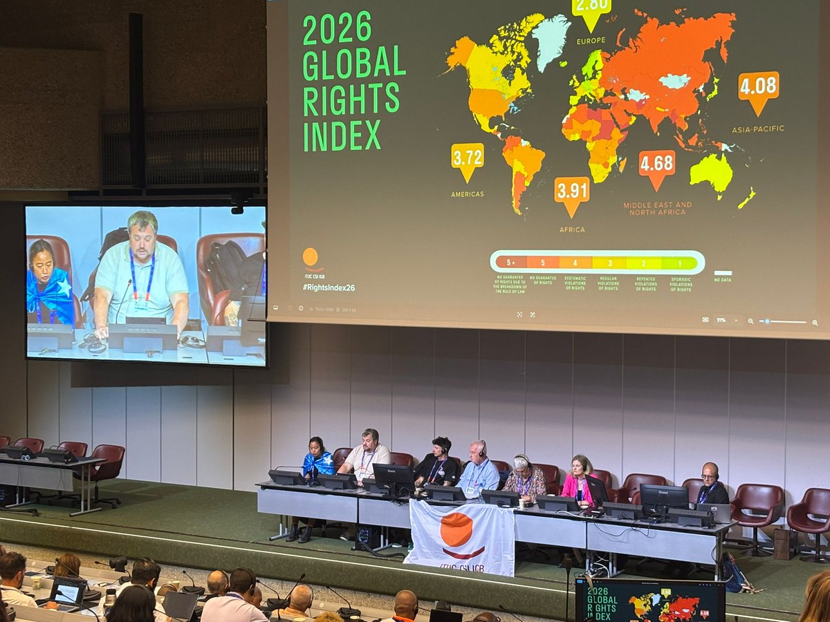 irishcongress's tweet photo. The @ituc is launching this year's #globalrightsindex at the workers' pre-meeting of the International Labour Conference in Geneva #ILC2026 https://t.co/dRrZmMgCyM