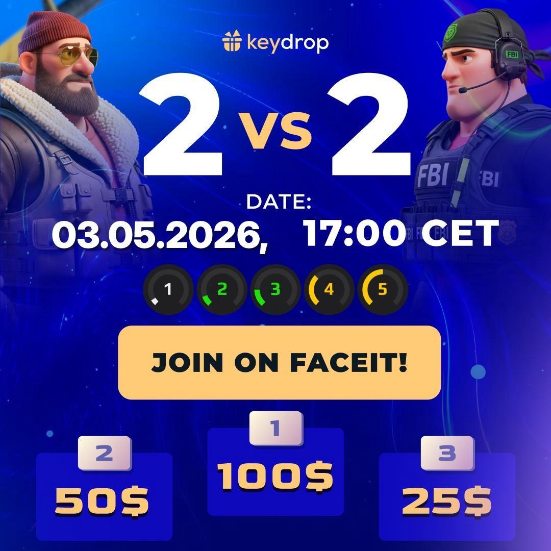 keydropcom's tweet photo. 🚨 KeyDrop 2V2 TOURNAMENTS are HERE!

We are launching a tournament for 1-5LVL FaceIT.

Prizes:
🥇 100$
🥈 50$
🥉 25$

https://t.co/rXvETcEyJU https://t.co/ft7DNGVi0m