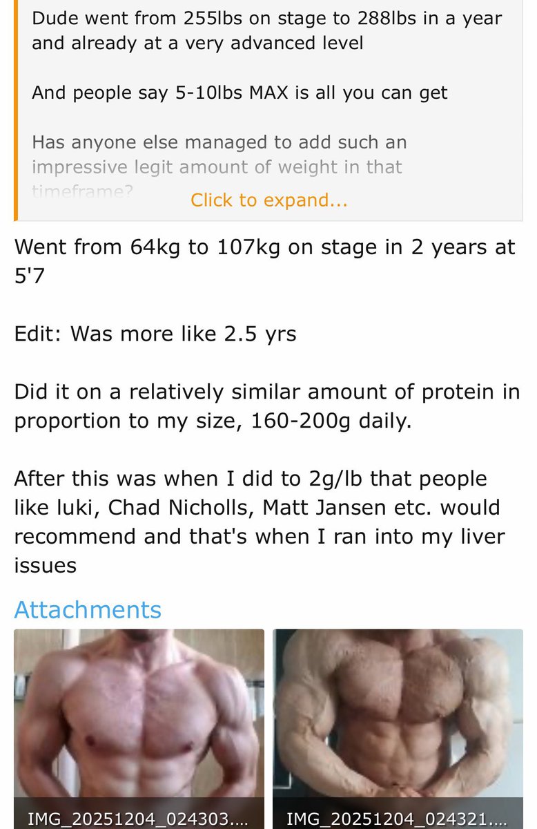 BerbarianWizard's tweet photo. Protein needs are massively overstated.

Carbs are protein-sparing. When you don’t eat enough carbs, your body has to convert amino acids into glucose (gluconeogenesis), so you need more protein just to cover energy demands, not because it builds more muscle.

Give your body carbs, and protein can actually do its job: repair and build tissue instead of being burned for fuel.

I’ve run both ~120g/day and ~300g/day and noticed zero difference in muscle, strength, or physique.