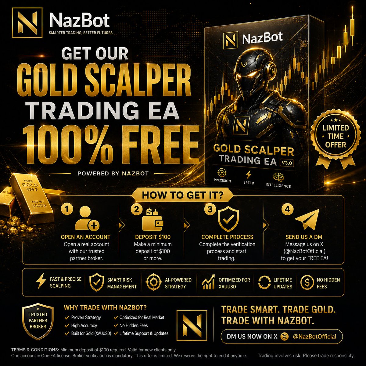 NazBots's tweet photo. Get the NazBot Gold Scalper Trading EA 100% FREE
✅ Open a real account with our partner broker
https://t.co/oakLpNEePU
✅ Deposit at least $100
🎁 Receive up to a 50% bonus on your first deposit
✅ Complete the process and send us a DM
Once verified, we'll send you your FREE EA. https://t.co/qEL676DIP2